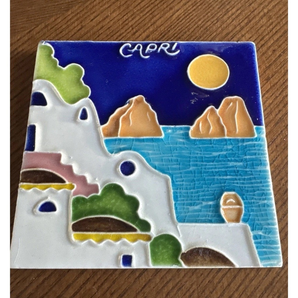 Capri Italy Hand Painted Ceramic Tile Faraglioni Coastal‎ Scene Signed Luciano
